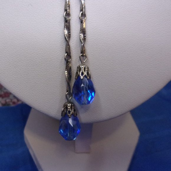 Blue Bead Silver Bar Link Lariat Style Necklace 26" Long - Picture 3 of 11